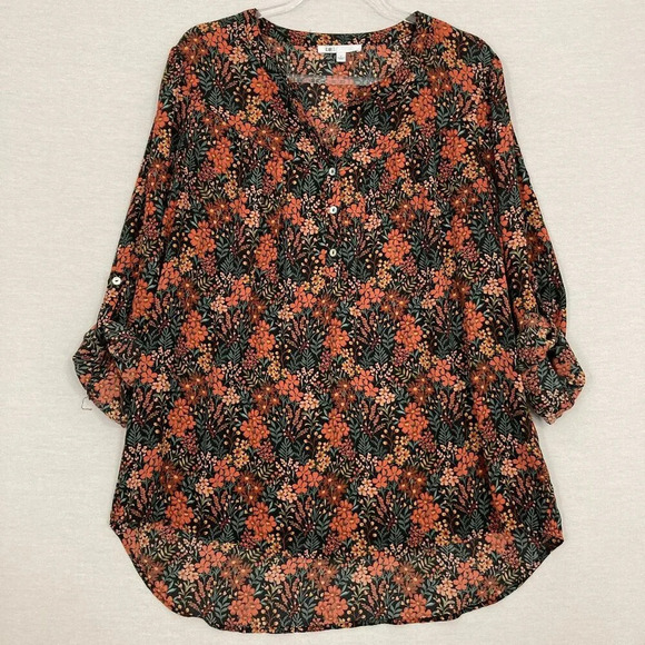 DR 2 Black Multi Ditsy Floral Button Rolled Tab Popover Blouse Large - Picture 1 of 9